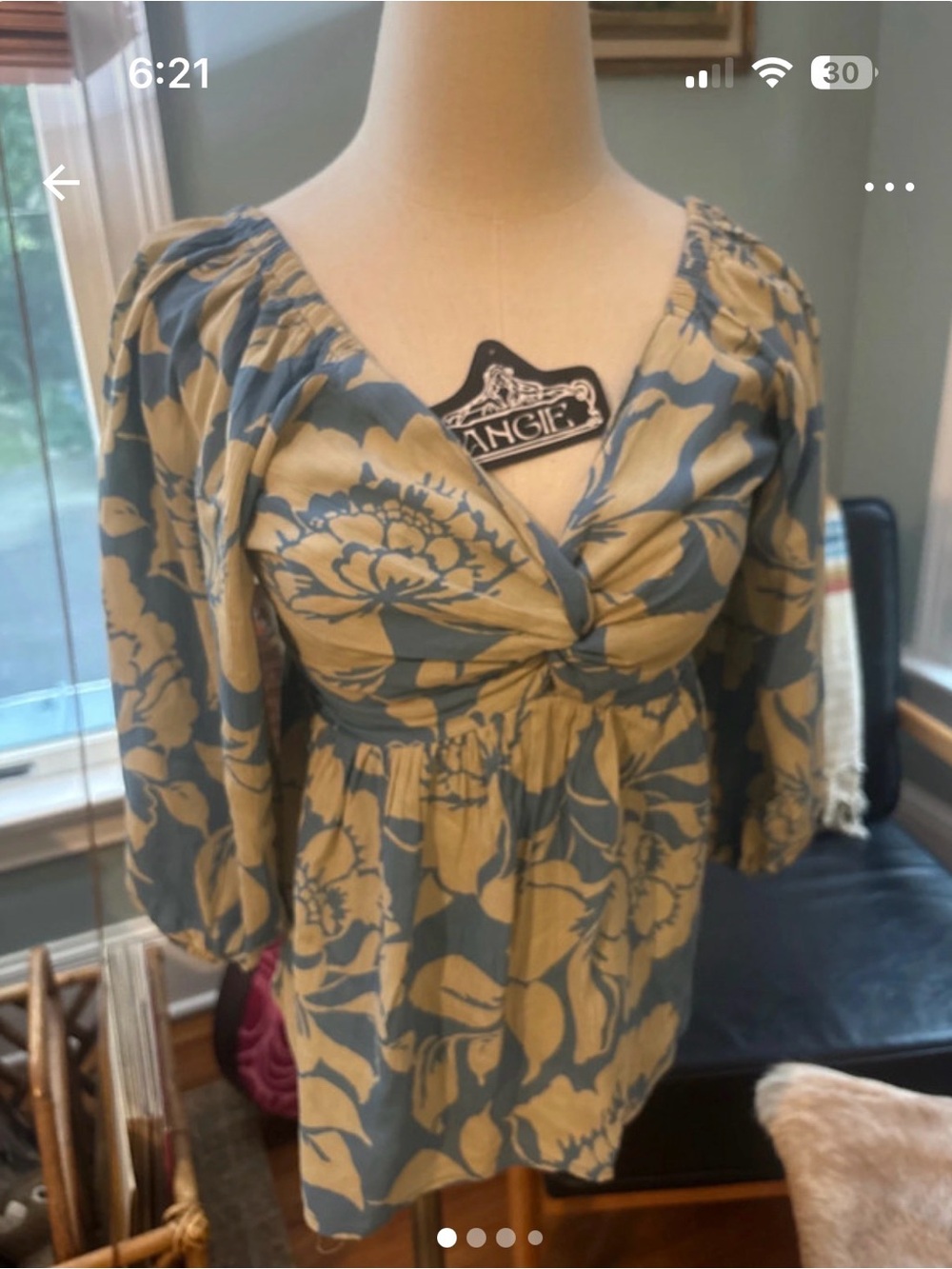 Angie Blue and Cream Floral Long-Sleeve Empire Blouse